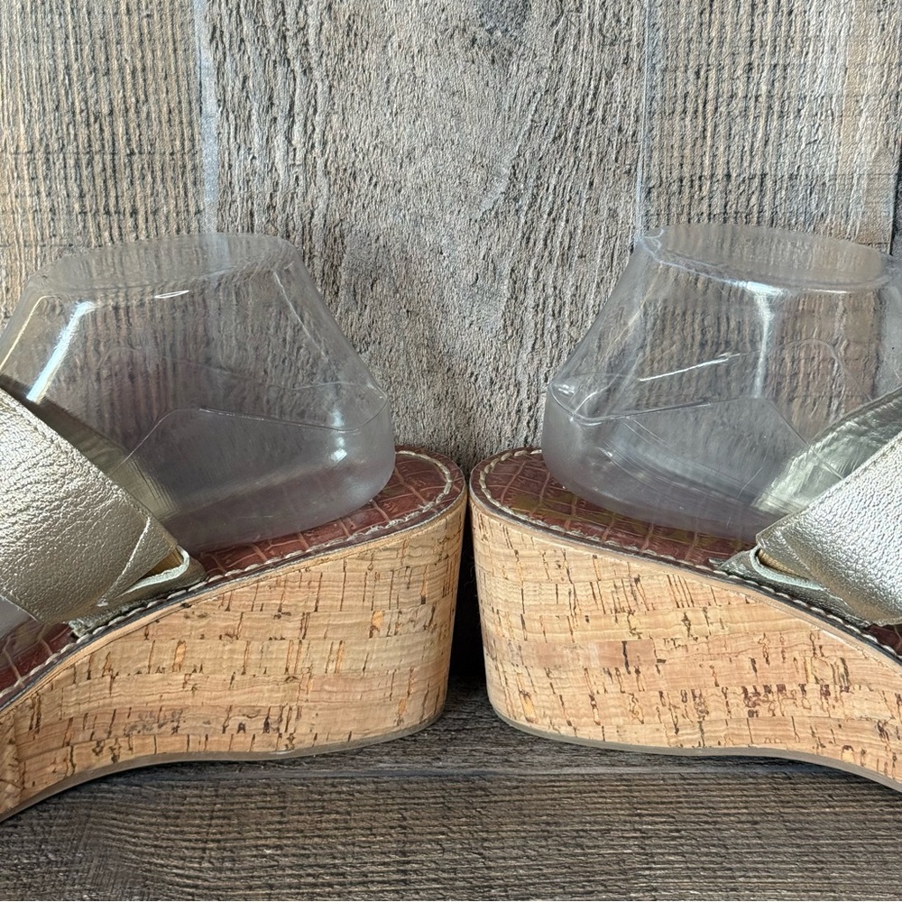 Womens Sam Edelman Rose Gold Metallic Leather Cork Wedge Thong Sandals Size 9.5 - Picture 6 of 10